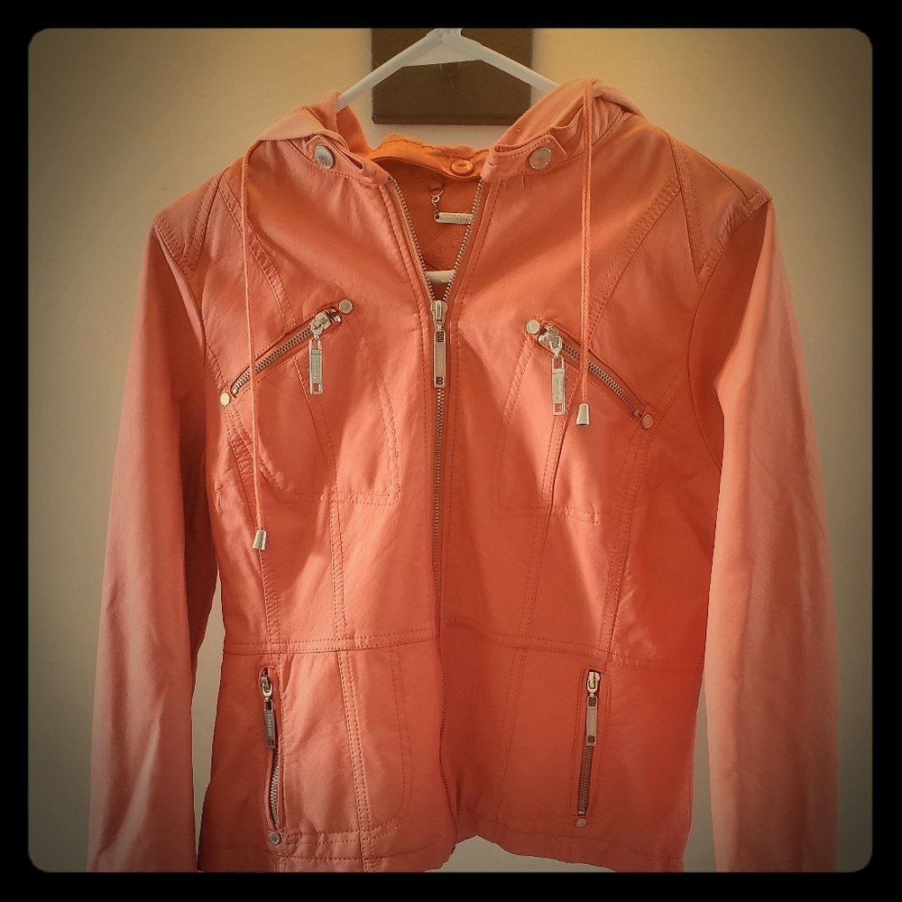 Orange faux leather hooded jacket